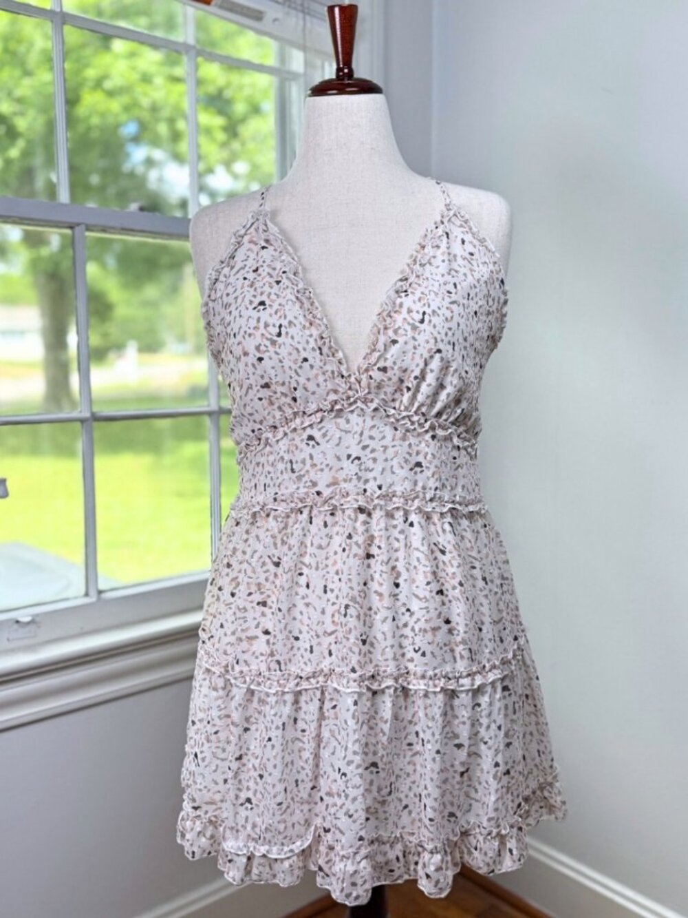 Dalmatian Dot Tiered Mini Dress Large White Neutral Ruffle Cross Back Coquette